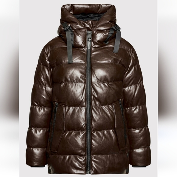 DKNY Faux-Leather Hooded Brown Puffer Coat Jacket - Picture 1 of 10